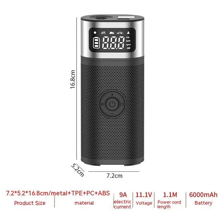 Black portable wireless air pump with USB cable and accessory nozzles for vehicles and sports equipment