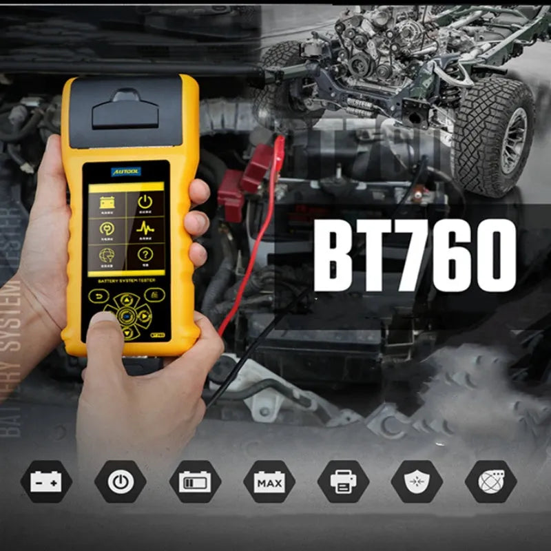 Autool BT760 vehicle battery tester with colour screen, thermal printer, and test clips on a workshop bench.