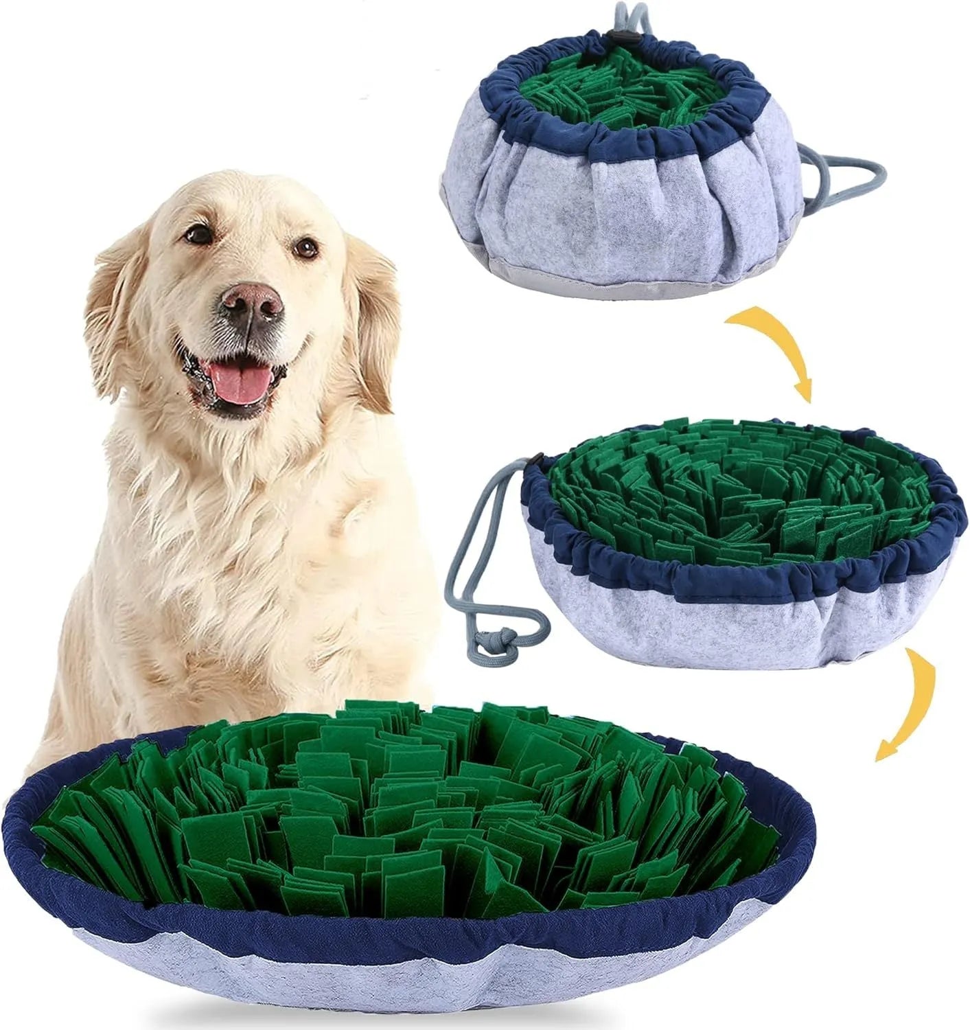 Adjustable snuffle mat dog enrichment toy shown in blue and green colour options