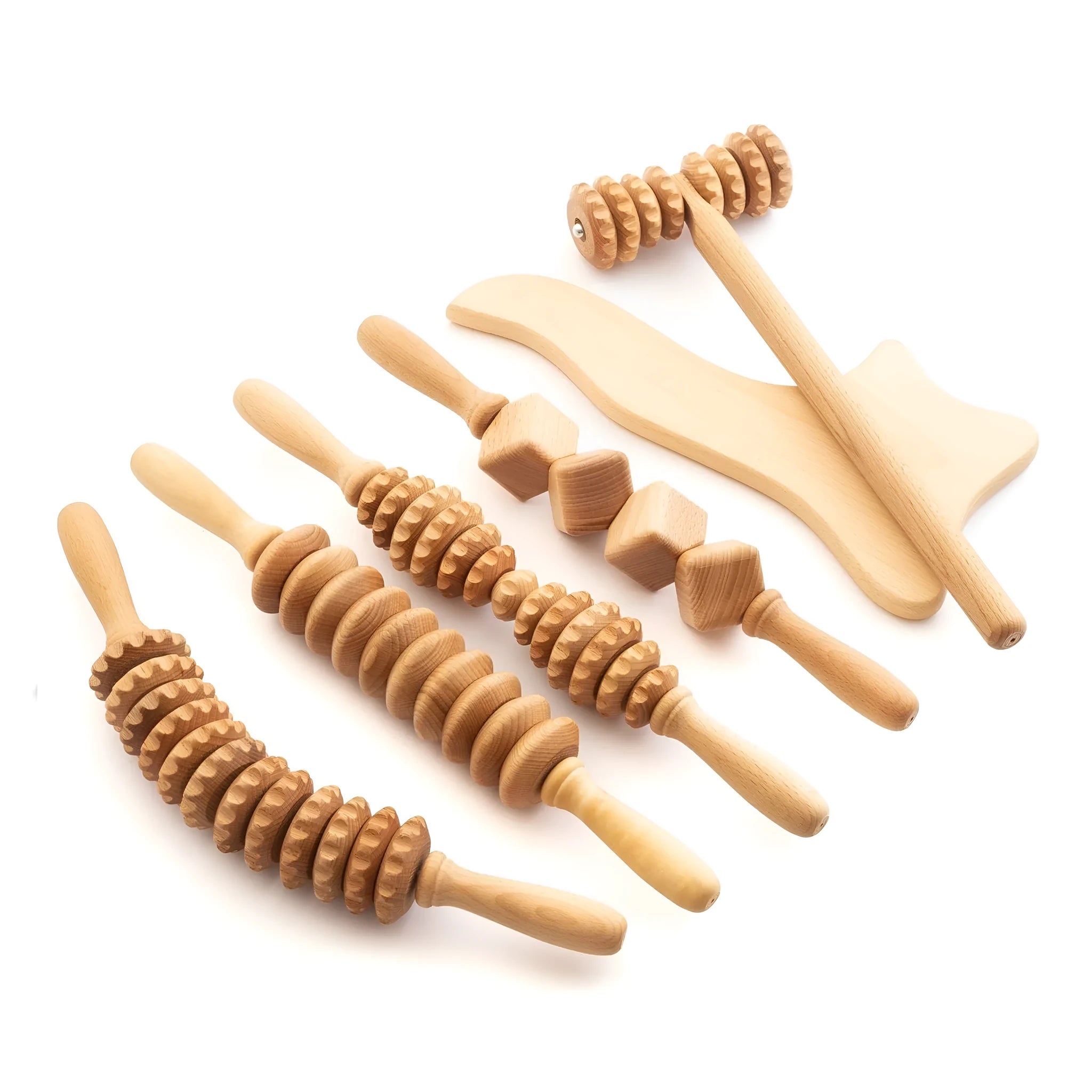 Beech wood massage roller set showing T-shaped roller and multiple wheel configurations for natural muscle relief