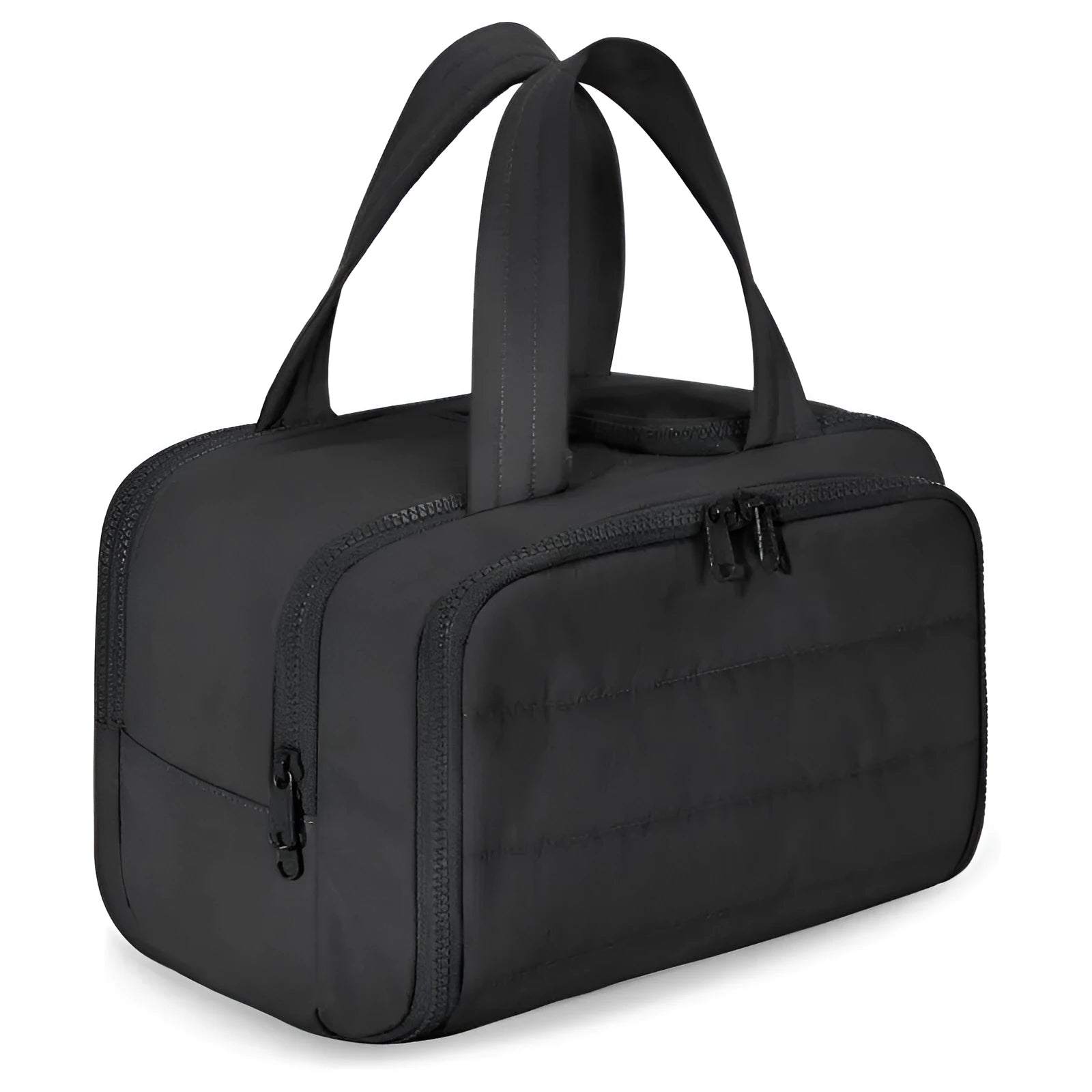 Large lightweight travel wash bag in pink with a wide-open zipper showing a fluffy interior lining.
