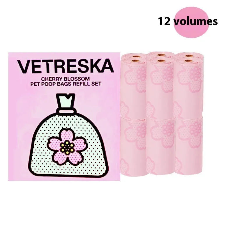 Portable dog poop picking bag capsule with scented inner bags in strawberry, orange and cherry blossom options