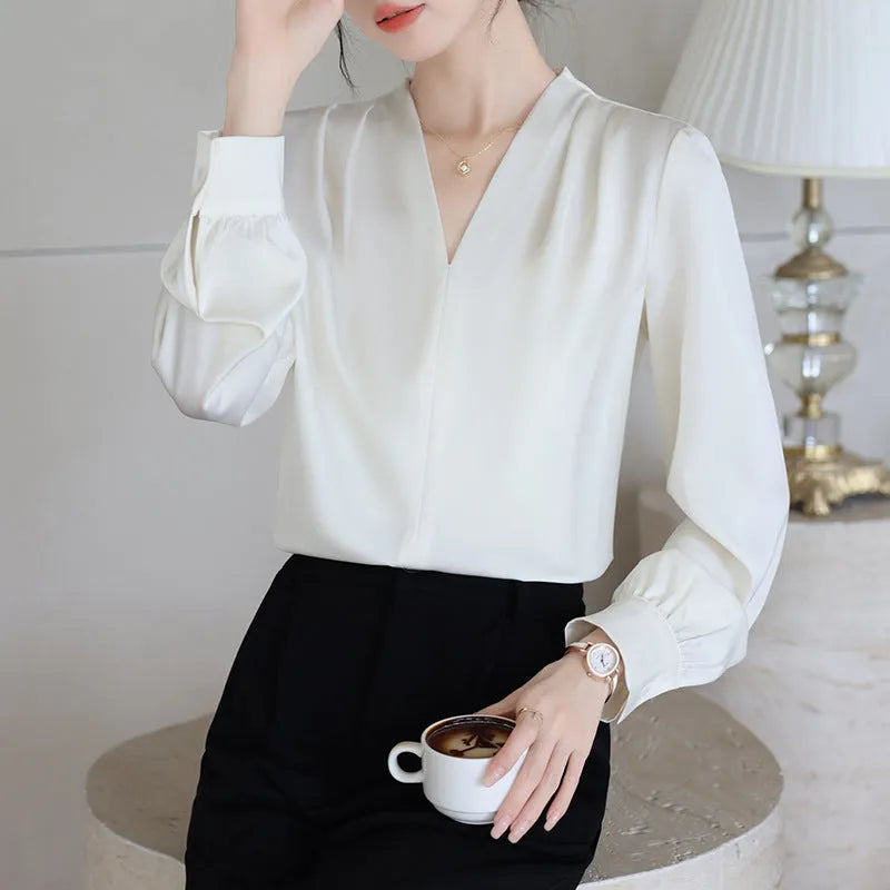 Women's blue satin long sleeve shirt with slim fit and 3D stitching detail on front