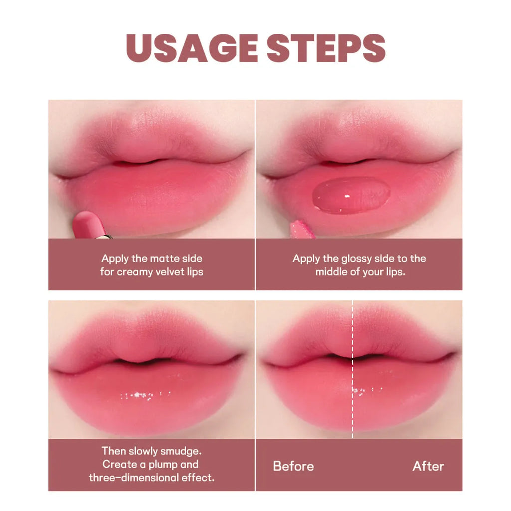 Double-headed lipstick with 10 colour options in matte finish