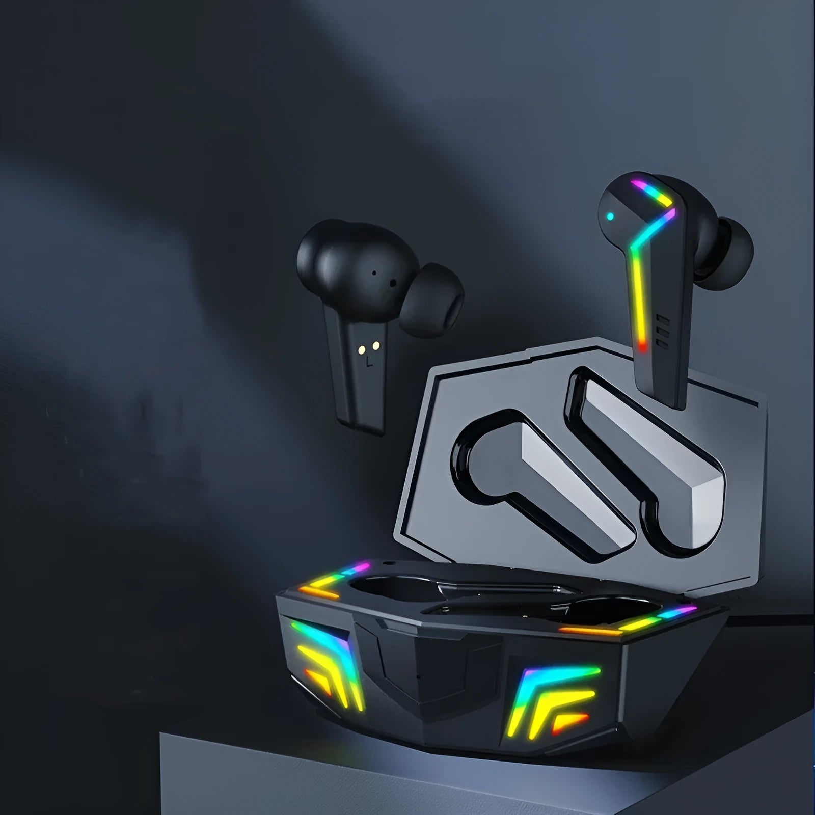 Black TWS Bluetooth sport headset with low latency for gaming and wireless calls.