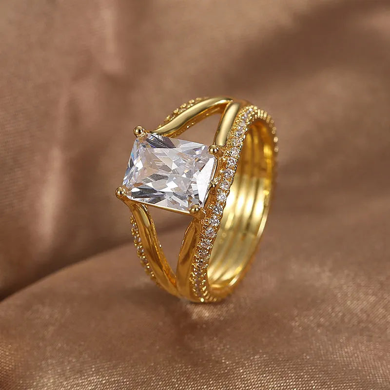 Women's geometric gold square zircon ring on copper band with electroplated finish