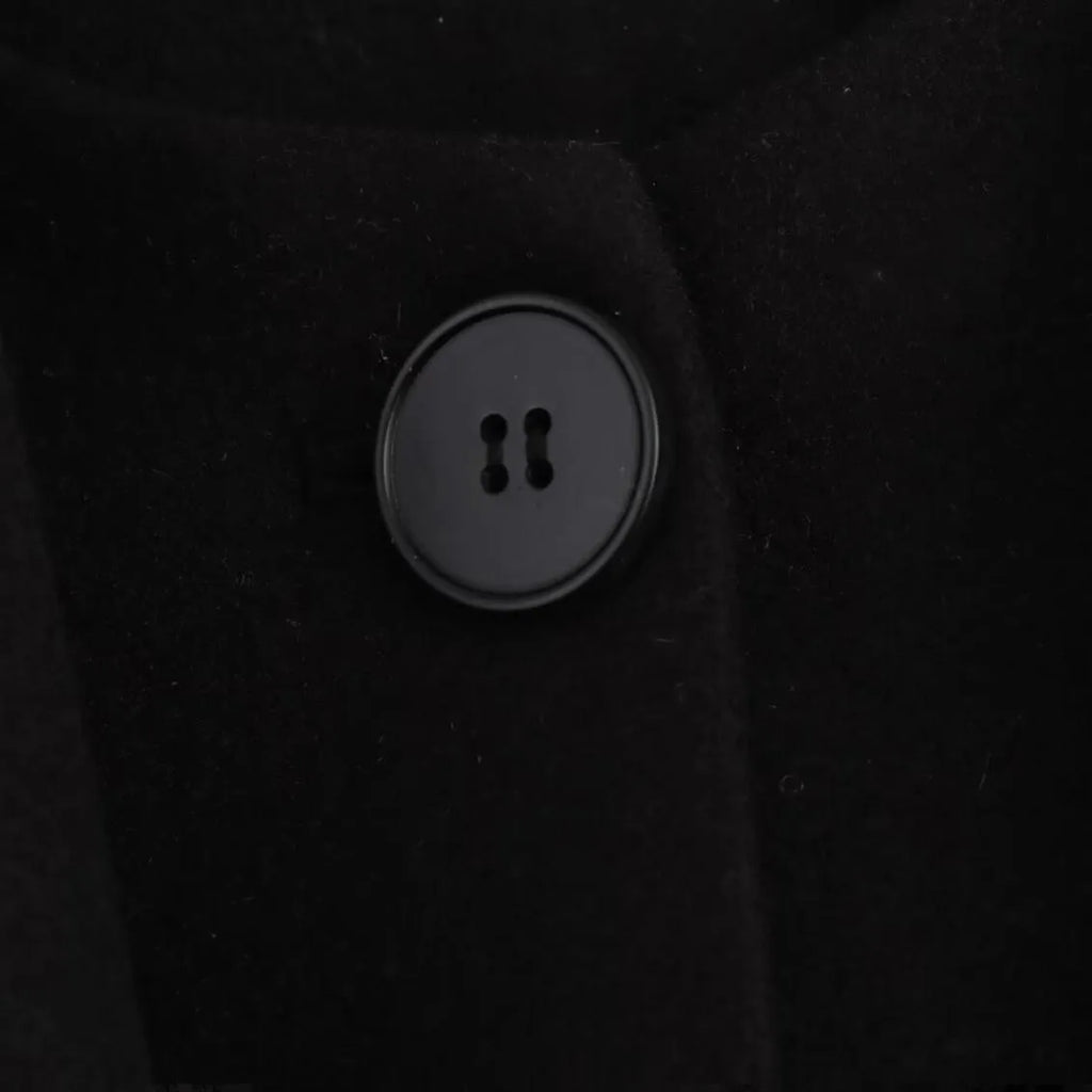 Women's long black polyester overcoat with a grey artificial fur collar, shown at full length.