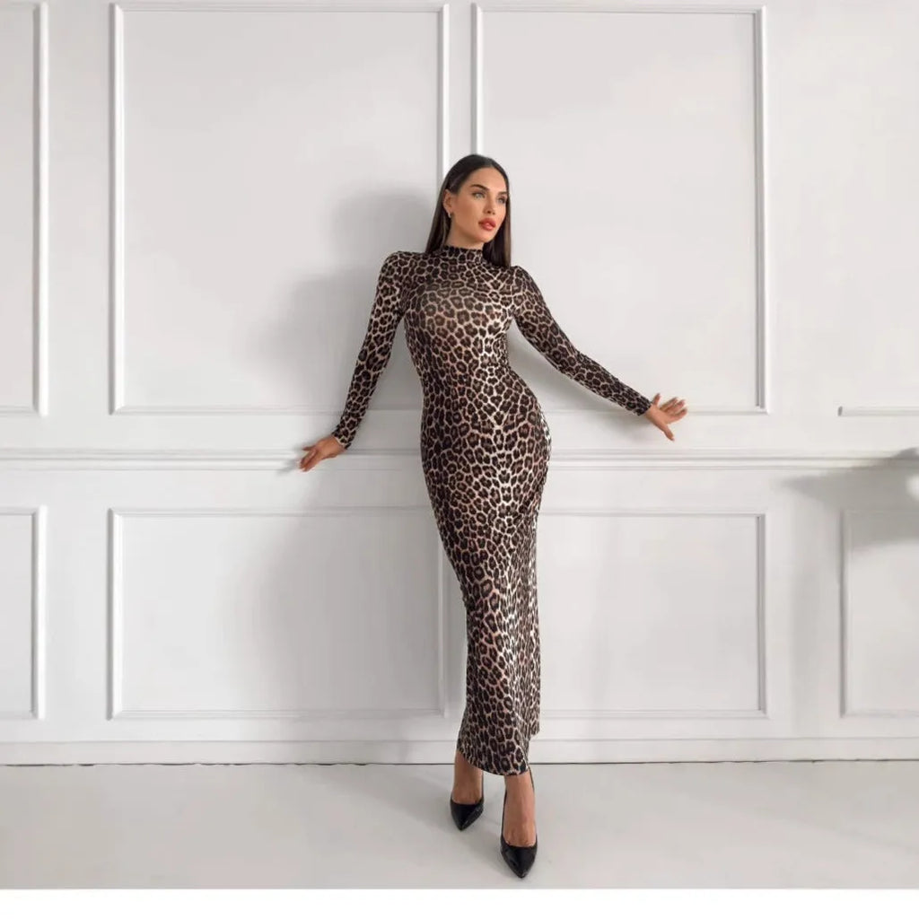 Leopard print long sleeve dress with stand collar and high waist hip skirt style in milk silk fabric