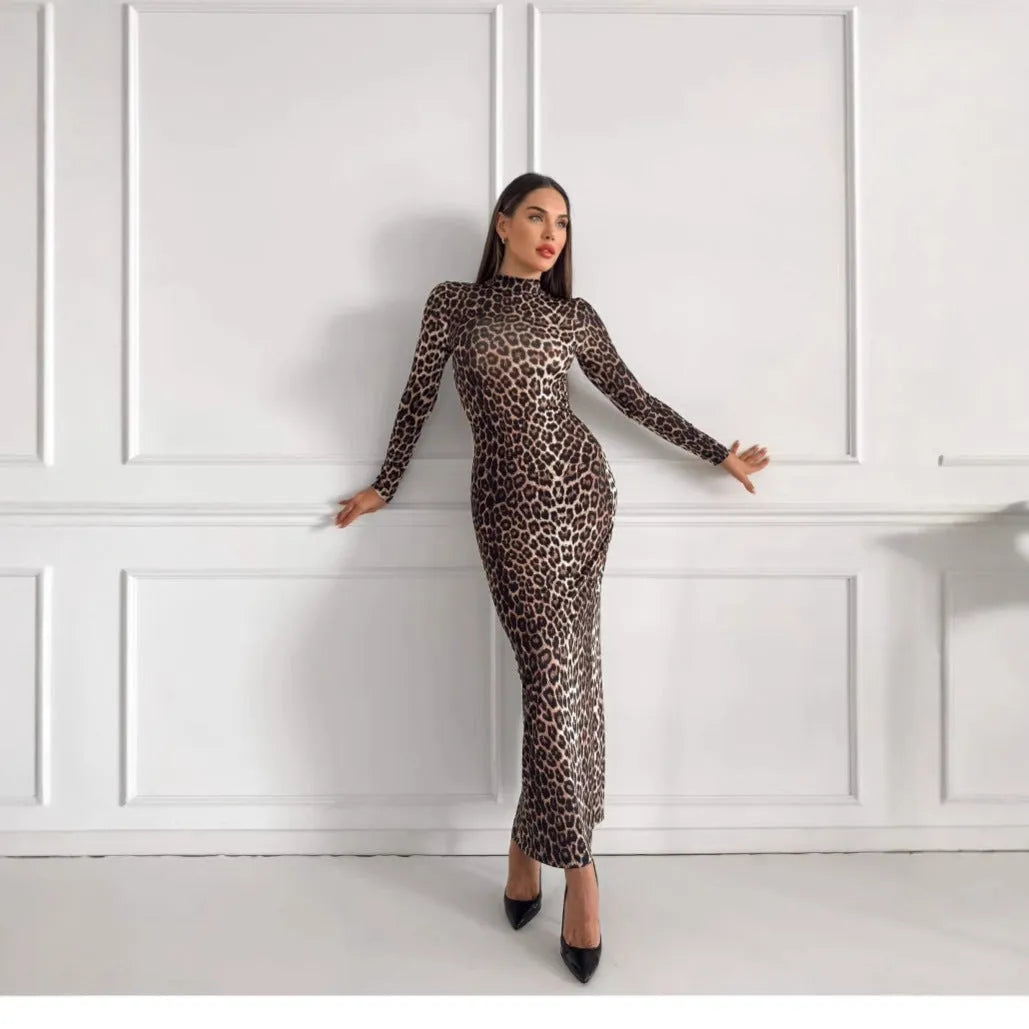Leopard print long sleeve dress with stand collar and high waist hip skirt style in milk silk fabric