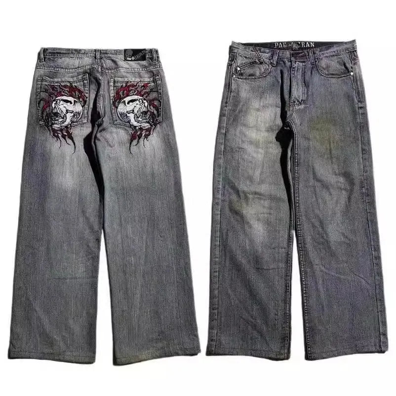 Men's grey washed-out wide-leg straight-cut jeans on a neutral background.