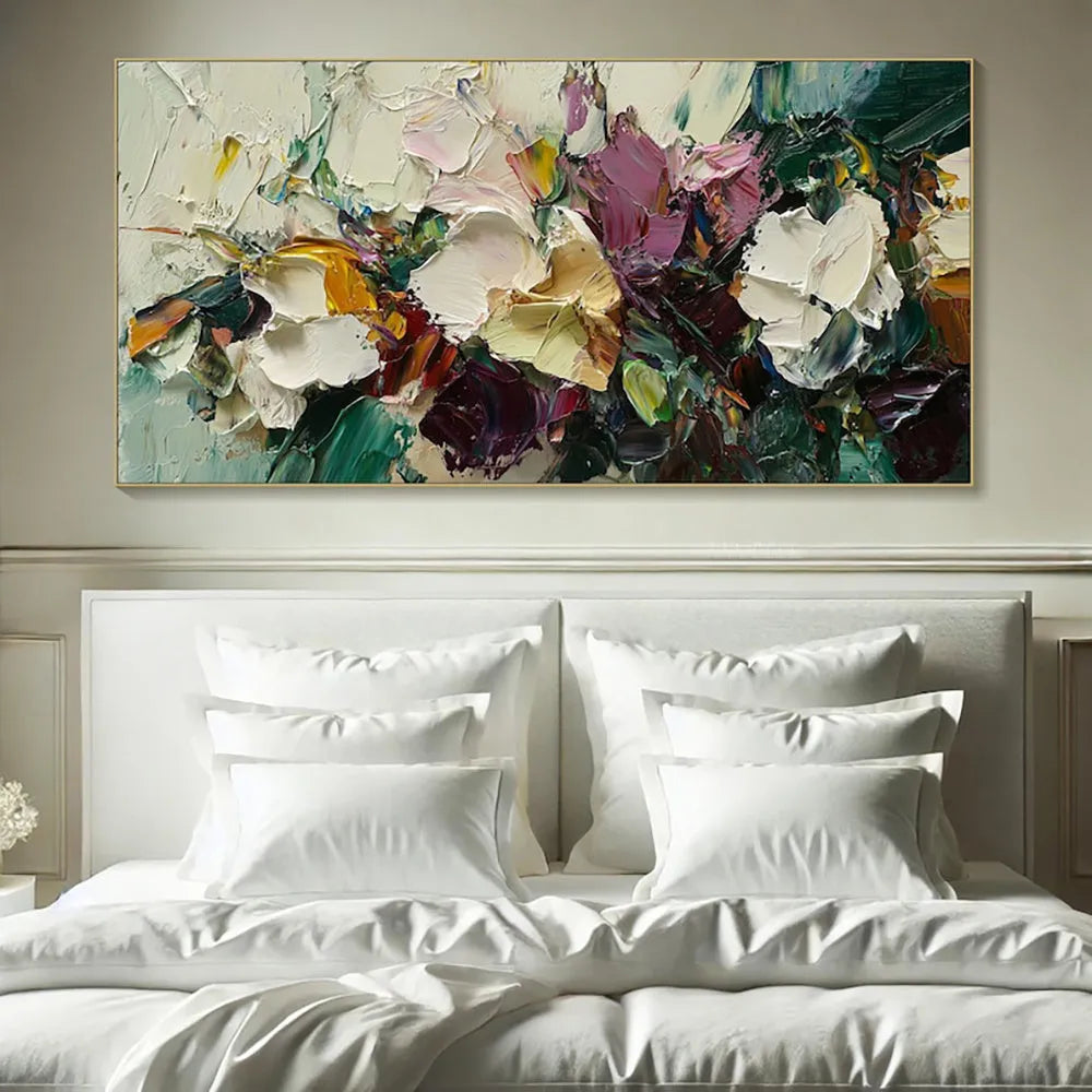 Hand-painted flower oil painting on canvas with knife-thick texture, rolled and frameless, horizontal modern wall art