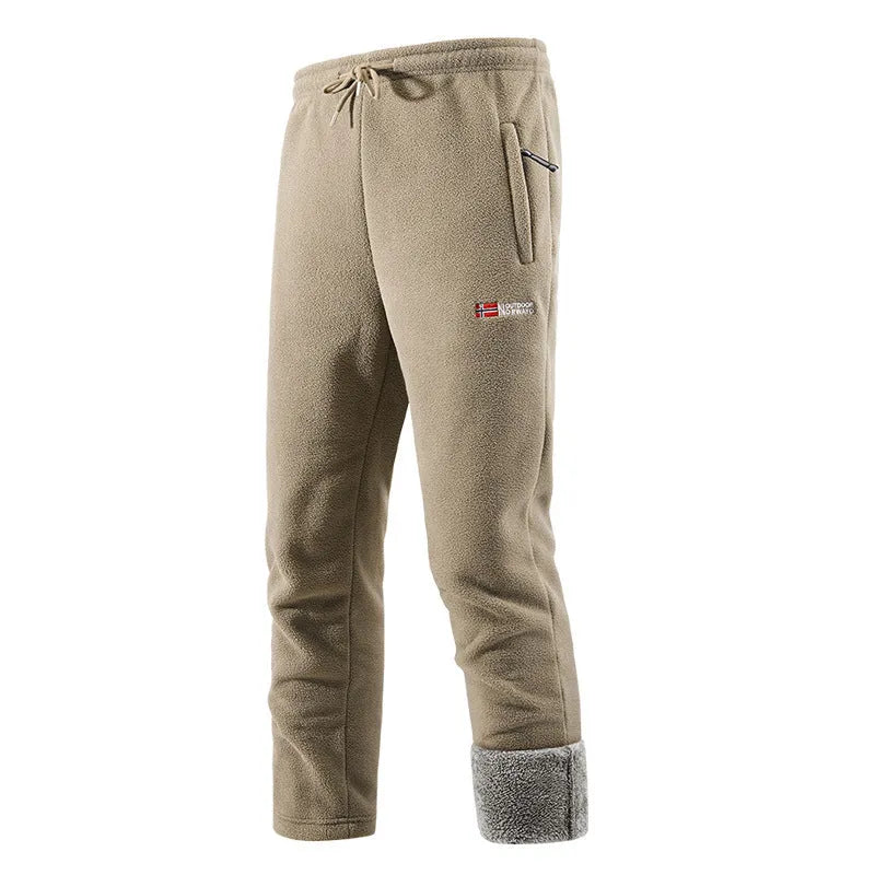 Fleece-lined thickened men's long pants in dark blue with flared low-waist style and patchwork design