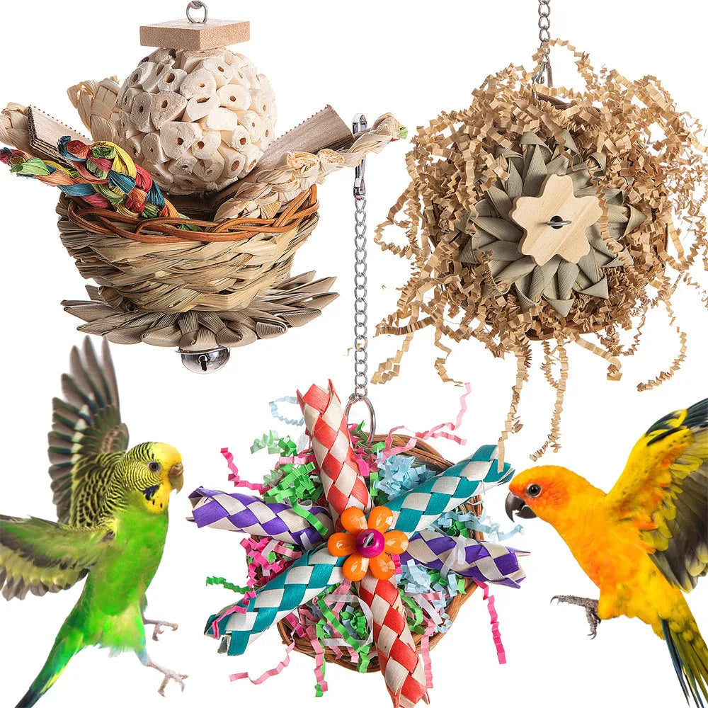 Parrot gnawing molar enrichment toy with three configuration options for beak stimulation