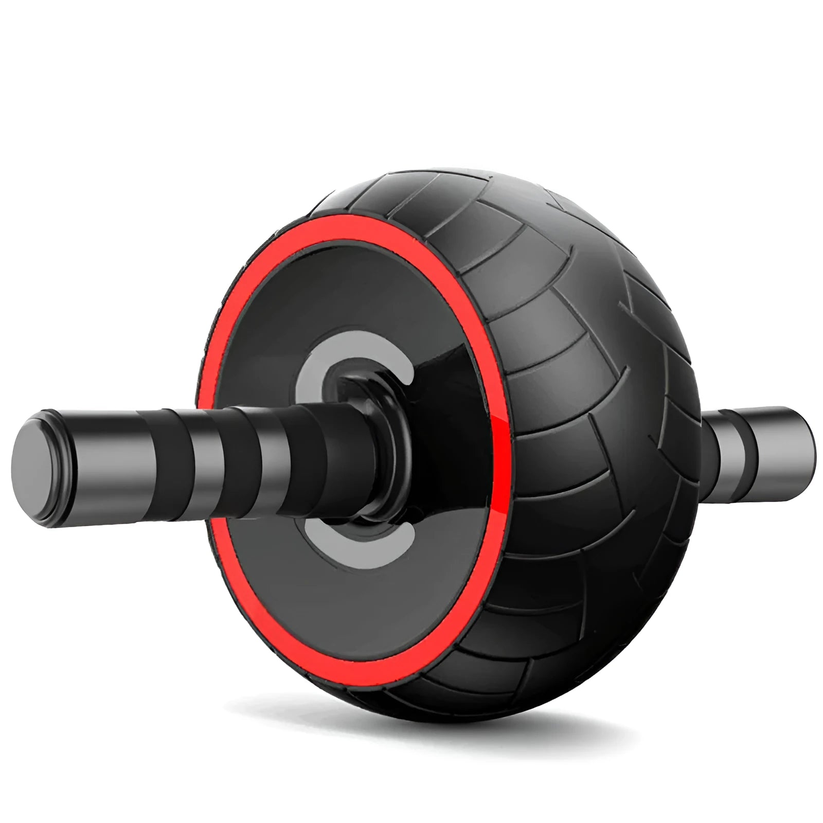 Black and red single-wheel abdominal muscle roller on a home exercise mat with dimensions 9x18x32.5 cm