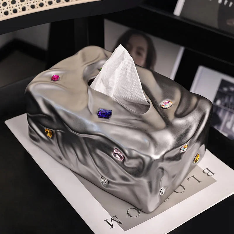 Ceramic tissue box with gem party design in matte coconut milk white or silver electroplated colour