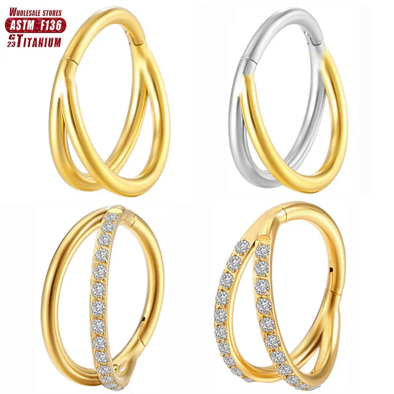 Titanium alloy nose ring piercing stud shown in silver and gold, available in multiple sizes with optional diamond accent.