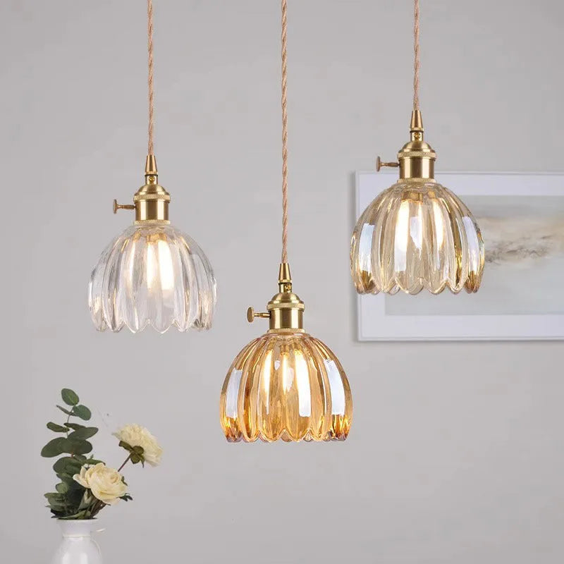 Nordic style bedside chandelier with a vintage glass flower shade in a choice of five colours.