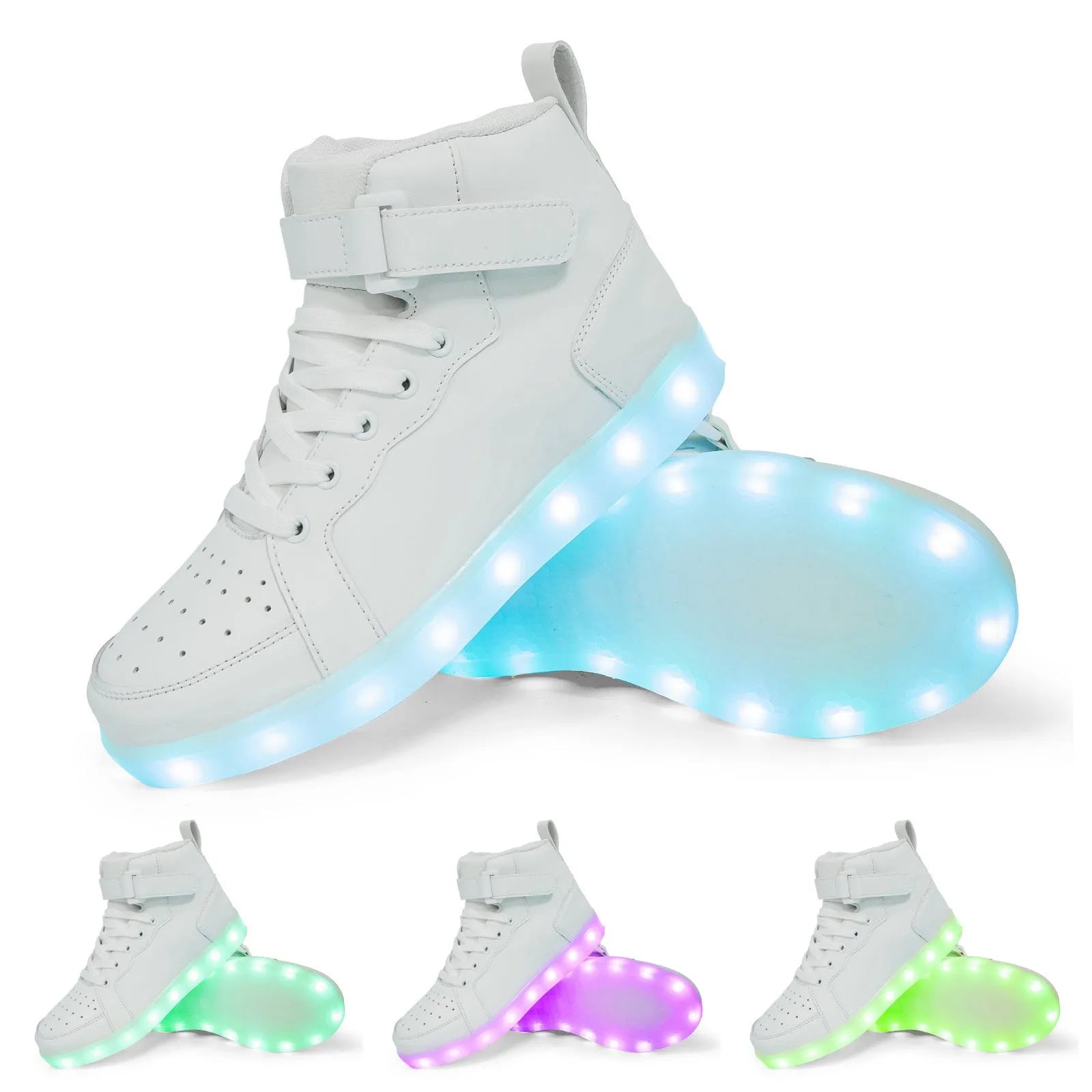 LED light-up high-top sneakers in black with velcro strap and glowing soles.