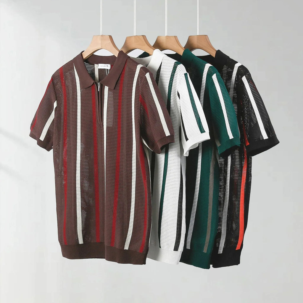 Men's short-sleeved polo shirt in hollow mesh knit with decorative zip details and loose fit for summer