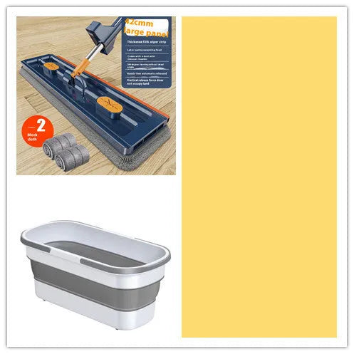 Large flat mop with stainless steel handle and blue mop cloth on hard floor