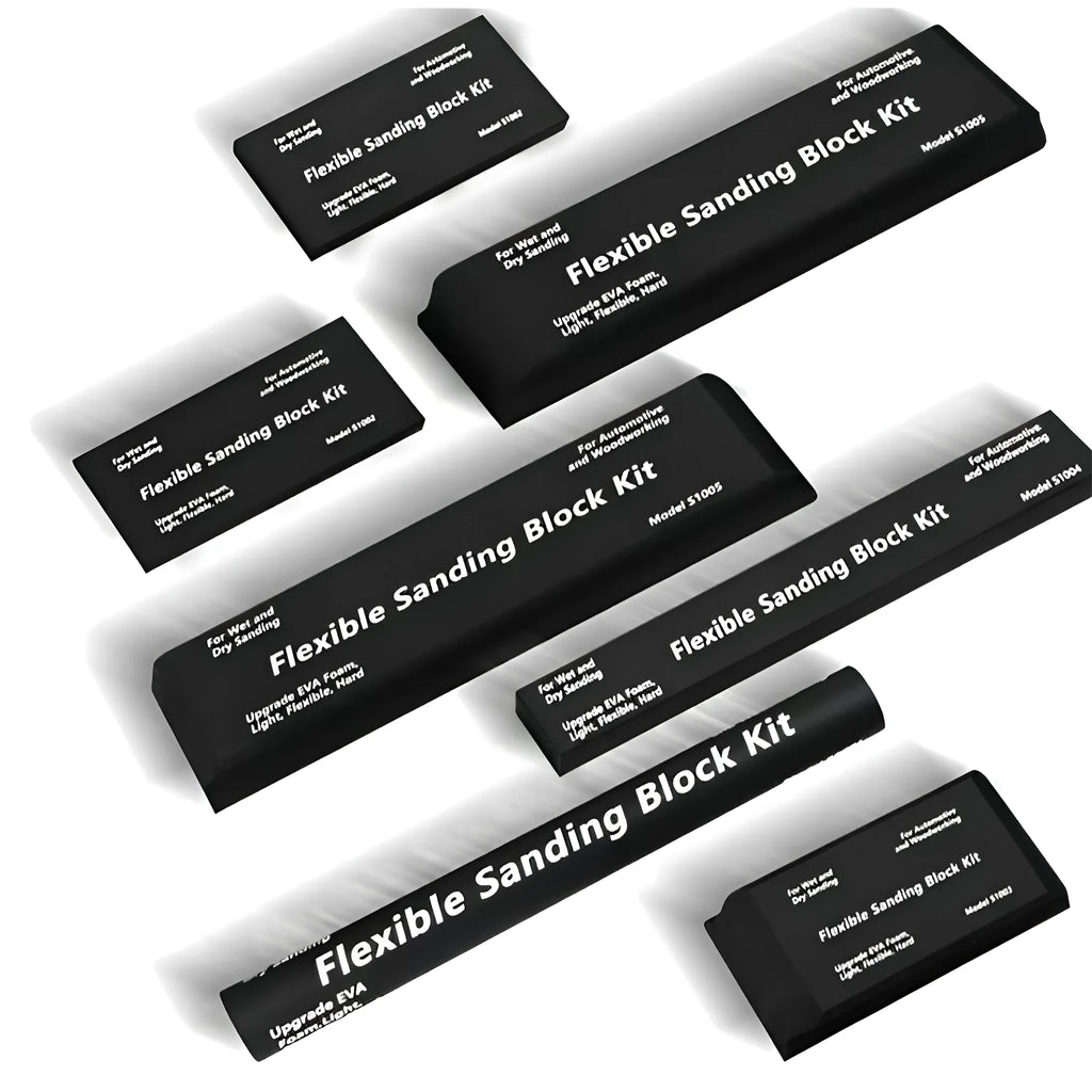 Seven black EVA frosted metal blocks arranged as a set
