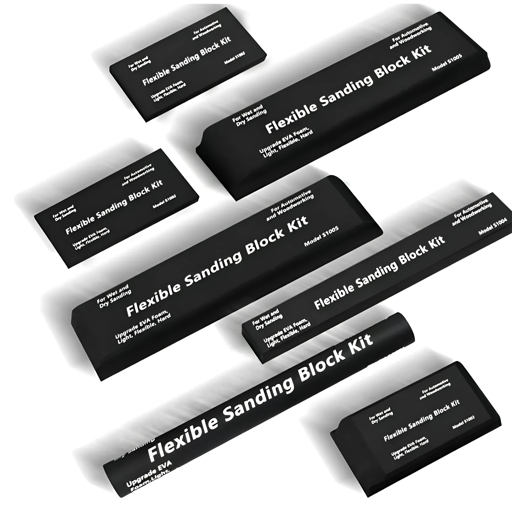 Seven black EVA frosted metal blocks arranged as a set