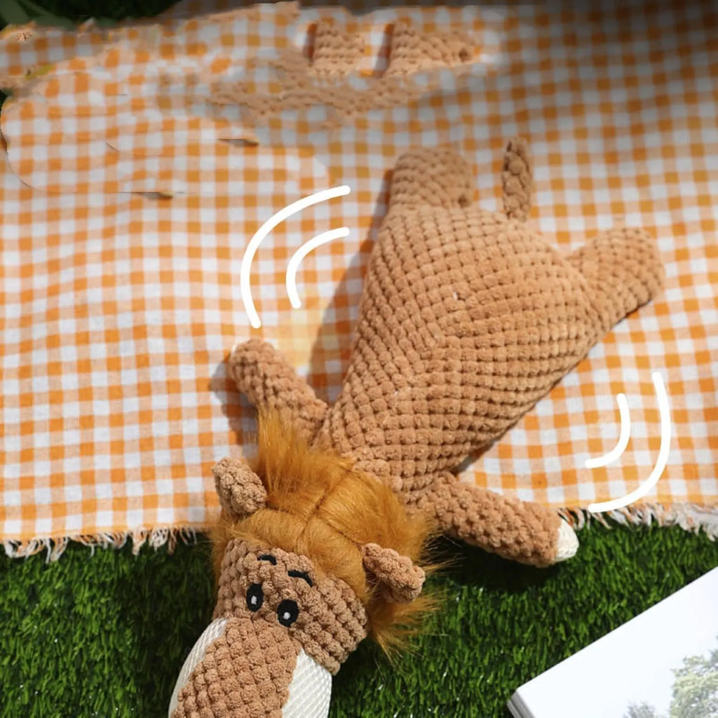 Pet dog plush chewing toy with corn kernel texture and squeaker sound in animal shape