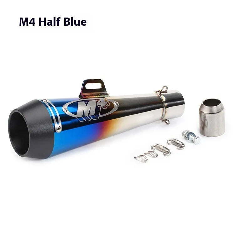 Universal M4 motorcycle exhaust pipe in multiple finish options including black, white steel, titanium and blue
