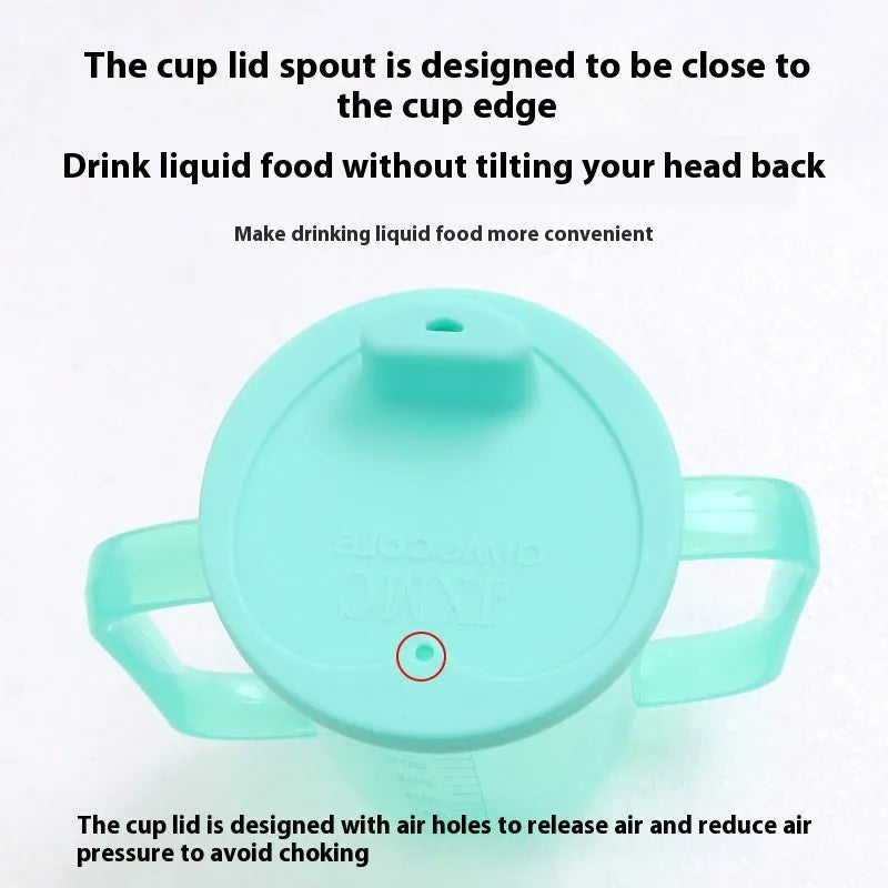 Adult bedside drinking cup with lid and handle, shown in various styles including an oblique mouth choke-proof design.