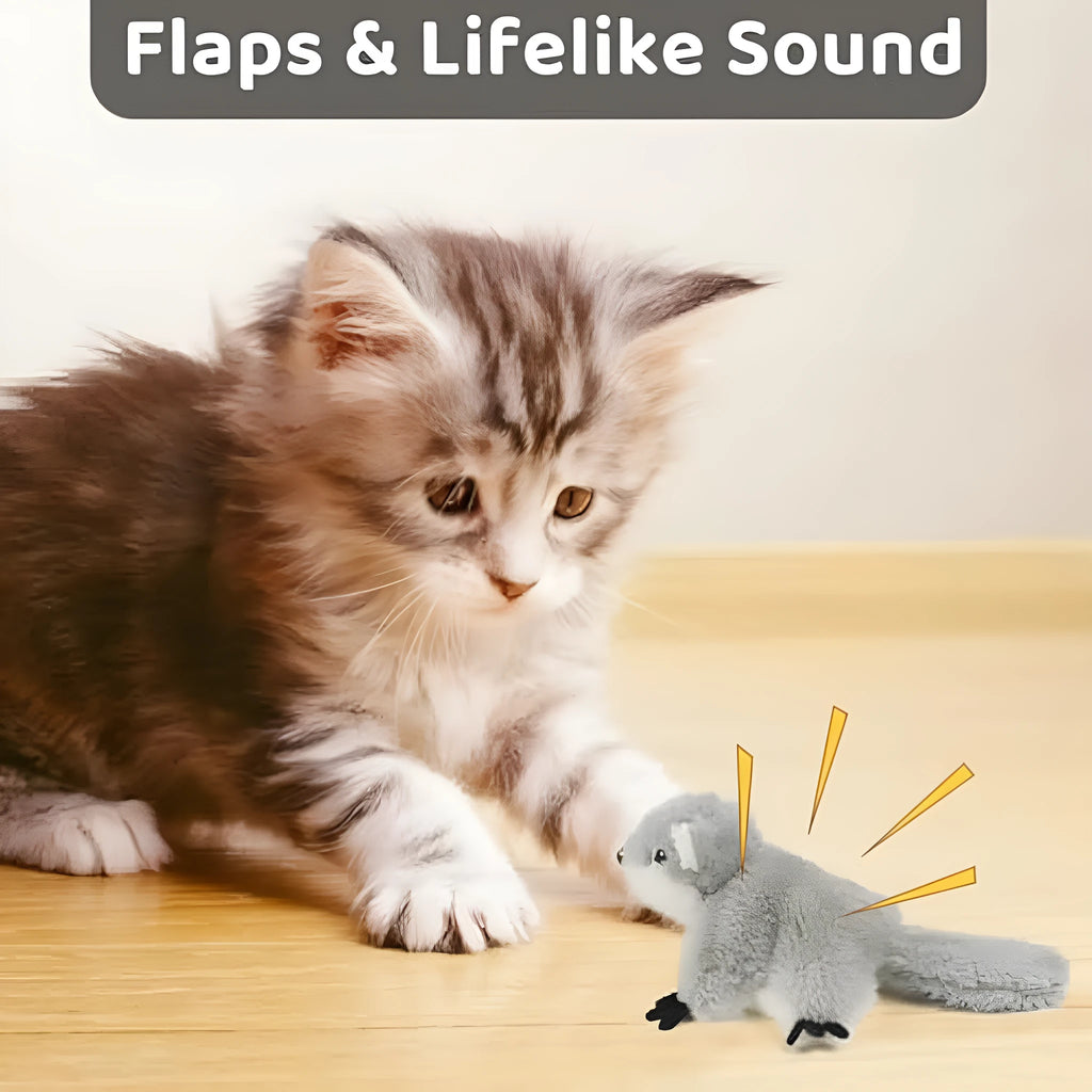 Grey flapping squirrel cat toy with USB charging cable on a plain background