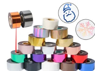 Rolls of electrochemical aluminium hot stamping foil in various colours like gold and silver with 3cm and 5cm widths.