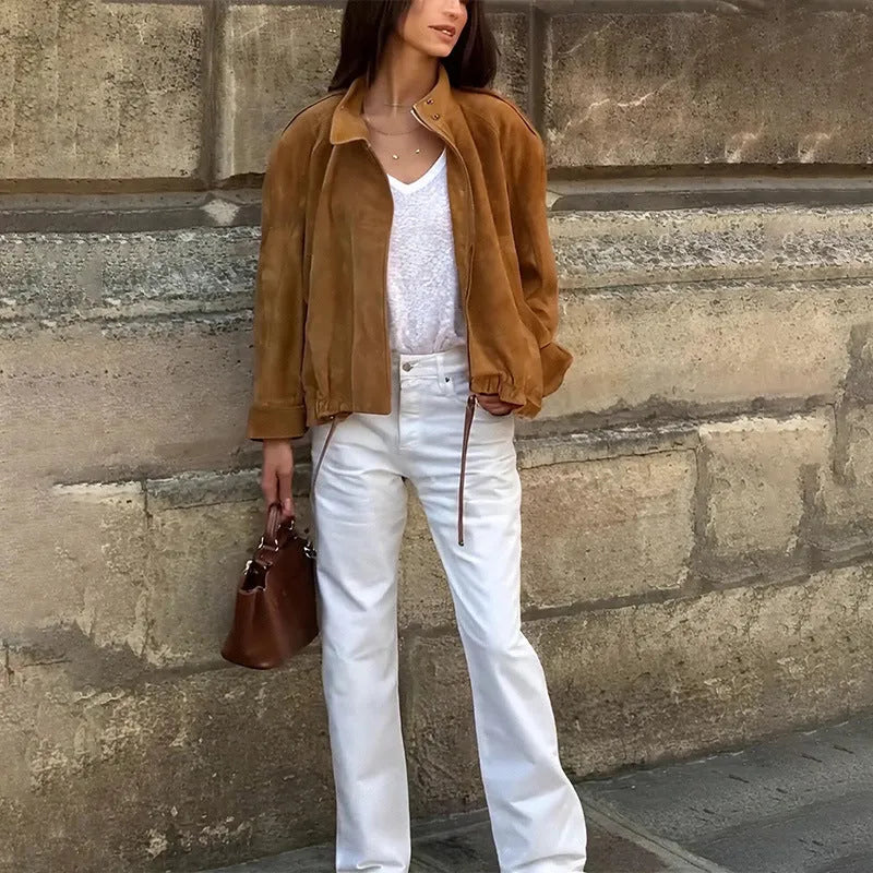Retro solid colour polyester jacket with loose fit and long sleeves