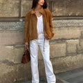 Retro solid colour polyester jacket with loose fit and long sleeves