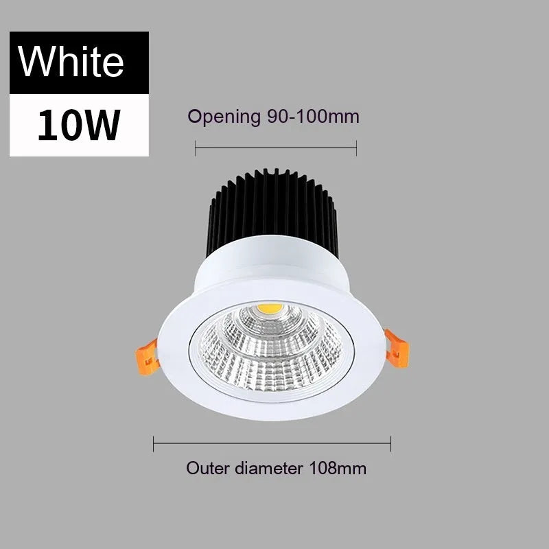 White aluminium embedded LED ceiling spotlight with anti-glare design showing three colour temperature options