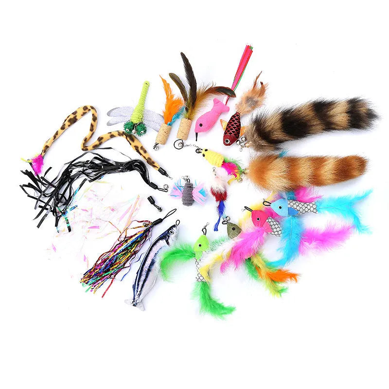 Cat teasing fishing rod toy with feather attachments, two poles and ten interchangeable heads