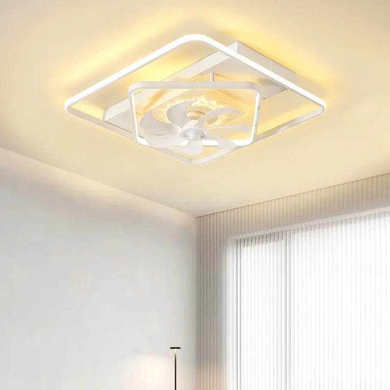 Modern ceiling fan with integrated light fitting, showing plastic blades and an acrylic lampshade.