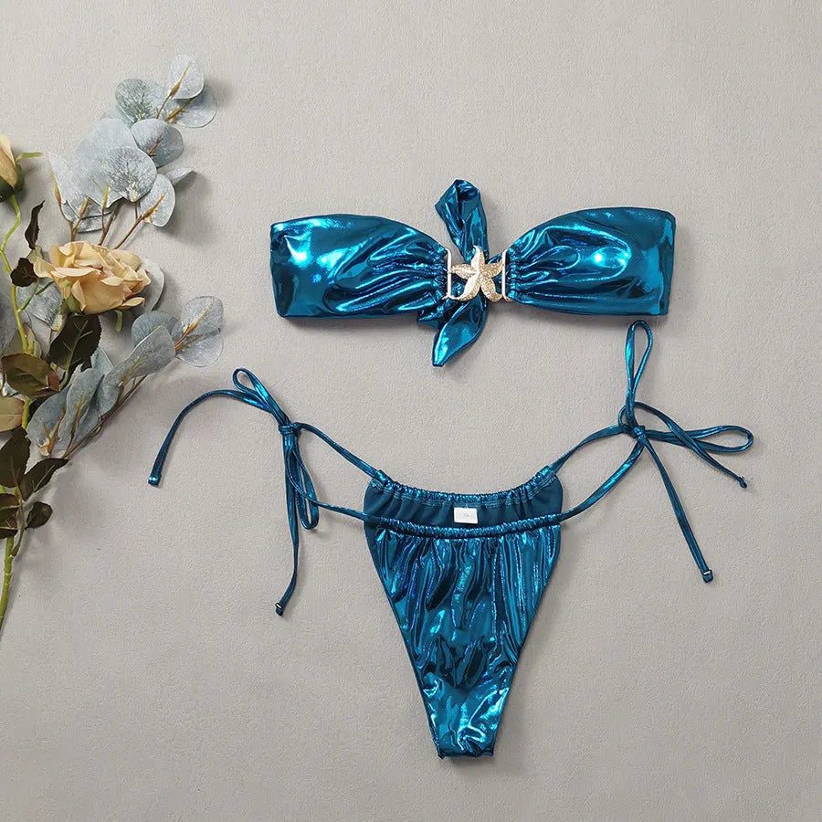Glossy tube top split bikini with gold starfish print in sapphire blue.