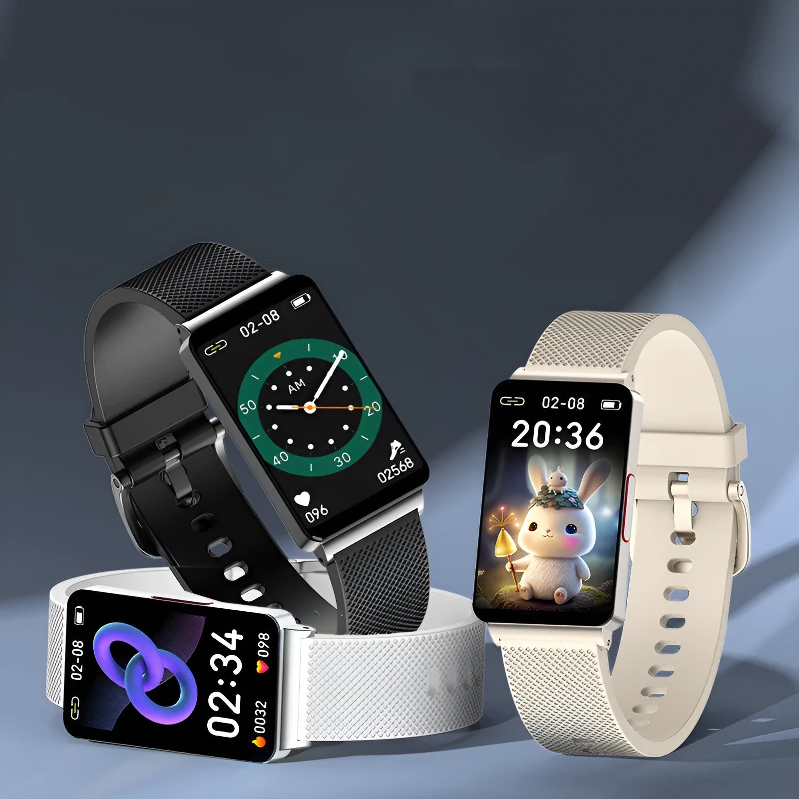 EP08 smart health bracelet with blood glucose monitoring on wrist showing touchscreen display