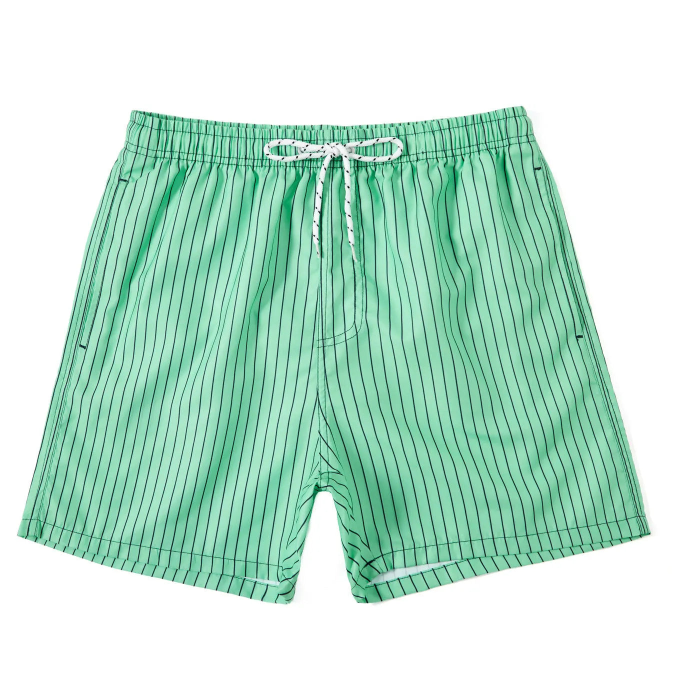 Men's navy blue and grey striped polyester beach shorts with a straight leg cut, laid flat.