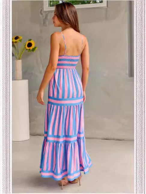 Women's striped summer suspender long dress with pockets and square neck backless design