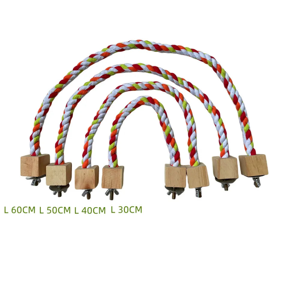 Parrot climbing rope toy with wooden rings in 30cm size, natural wood and rope construction, dark floral pattern