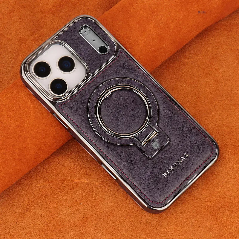 Magnetic leather phone case with kickstand for iPhone, drop-resistant, in black