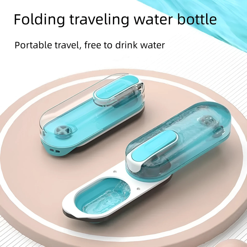 Portable blue dog water bottle with a foldable silicone drinking bowl attached