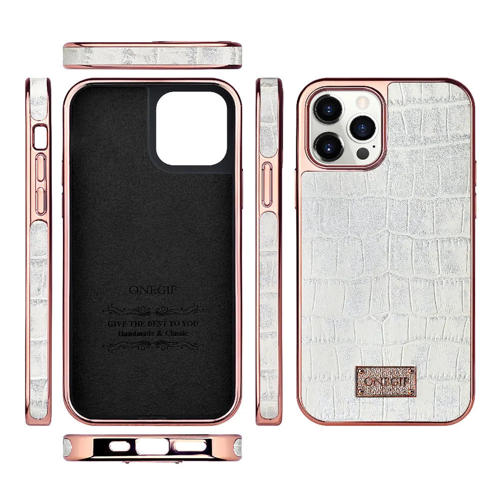 Real leather phone case with electroplated grid screen for iPhone 12 and 12 Pro Max in white, pink or green