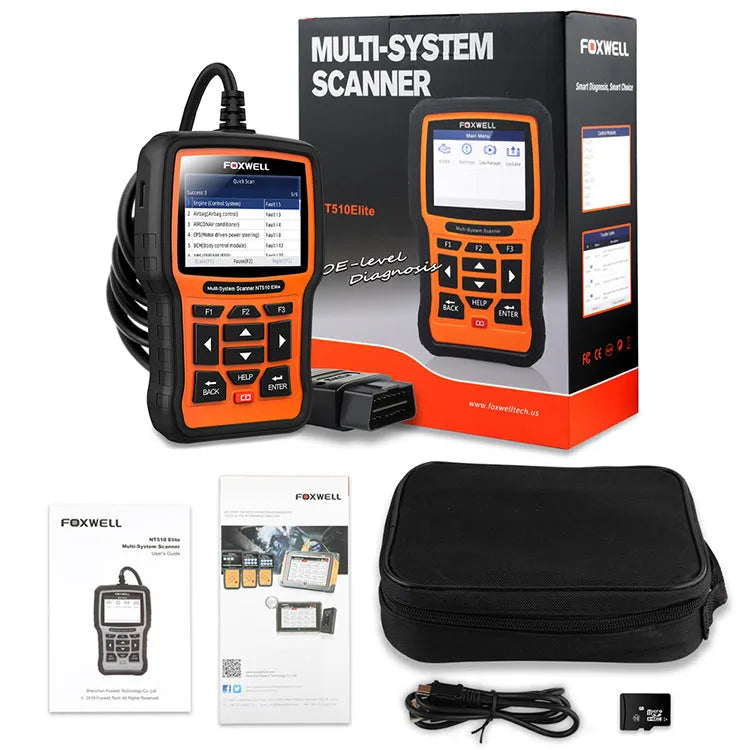 Foxwell NT510 orange black automotive diagnostic tool with OBD2 scanner and reset functions