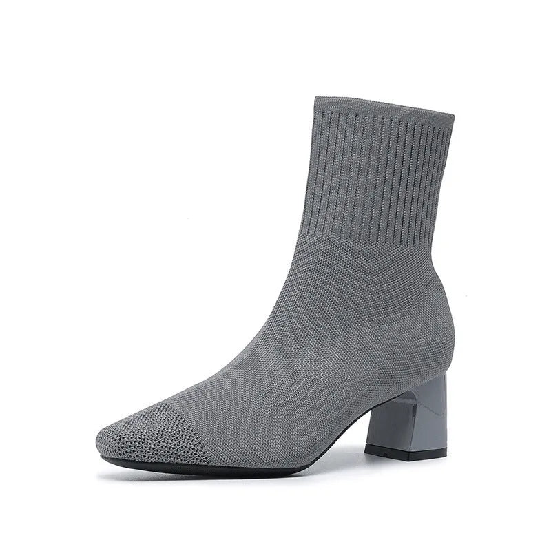 Women's chunky heel knitted sock boots in solid colour, mid-calf length with square toe and cotton lining