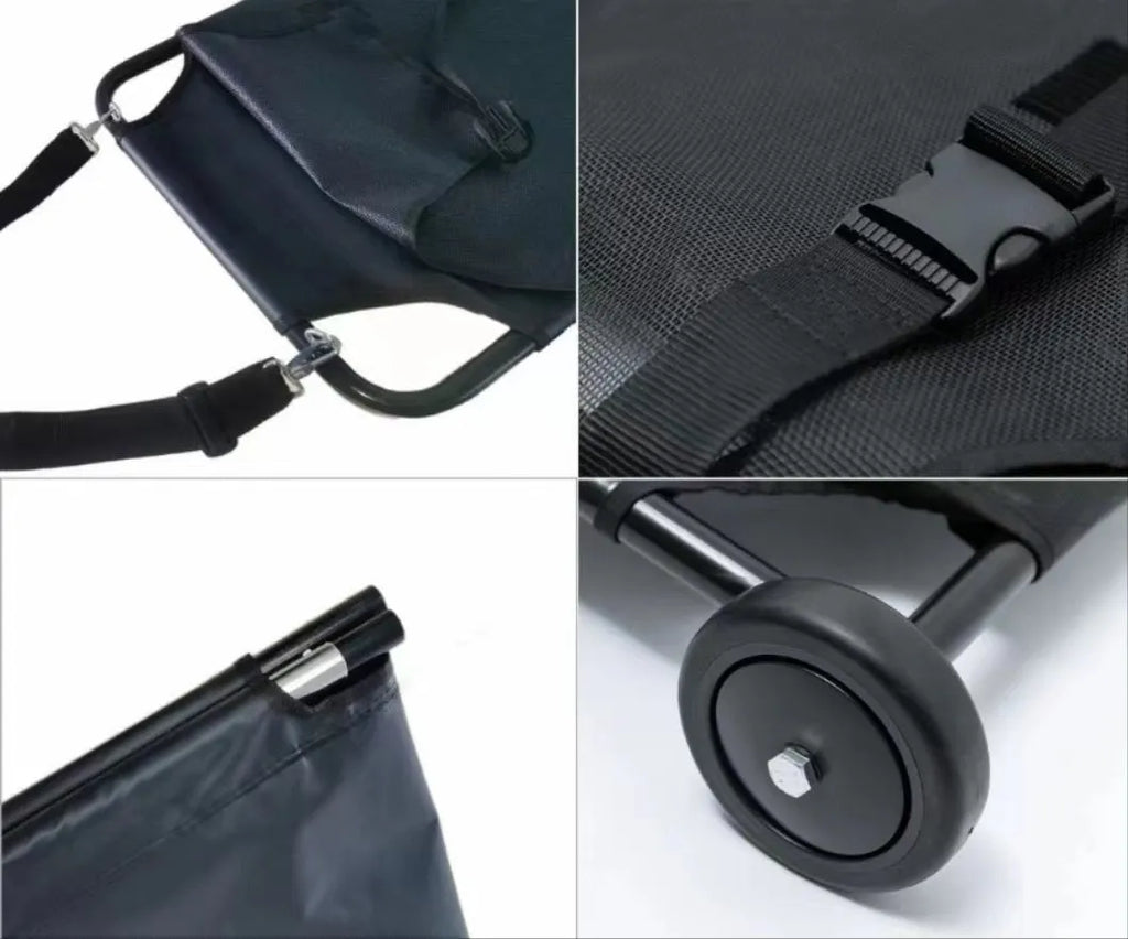 Large black folding aluminium alloy pet stretcher for emergency dog transfer.