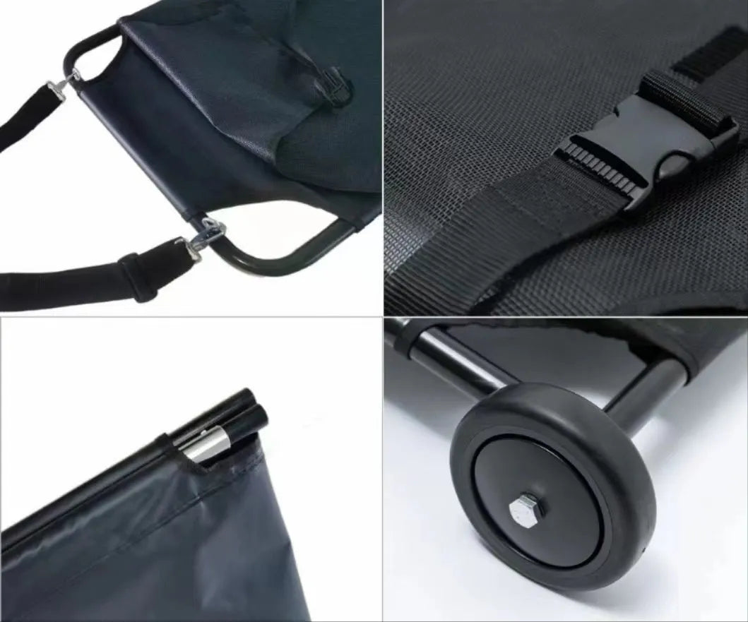 Large black folding aluminium alloy pet stretcher for emergency dog transfer.