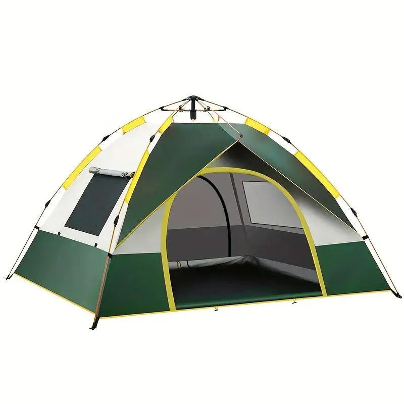 Dark green automatic quick-open camping tent for 3-4 people set up in an outdoor field.