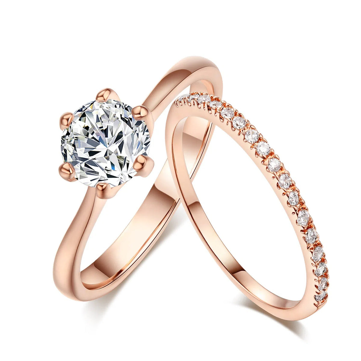 Gold plated copper ring set with two rings, each with a 6mm zircon stone in a six-claw setting, available in three colours.